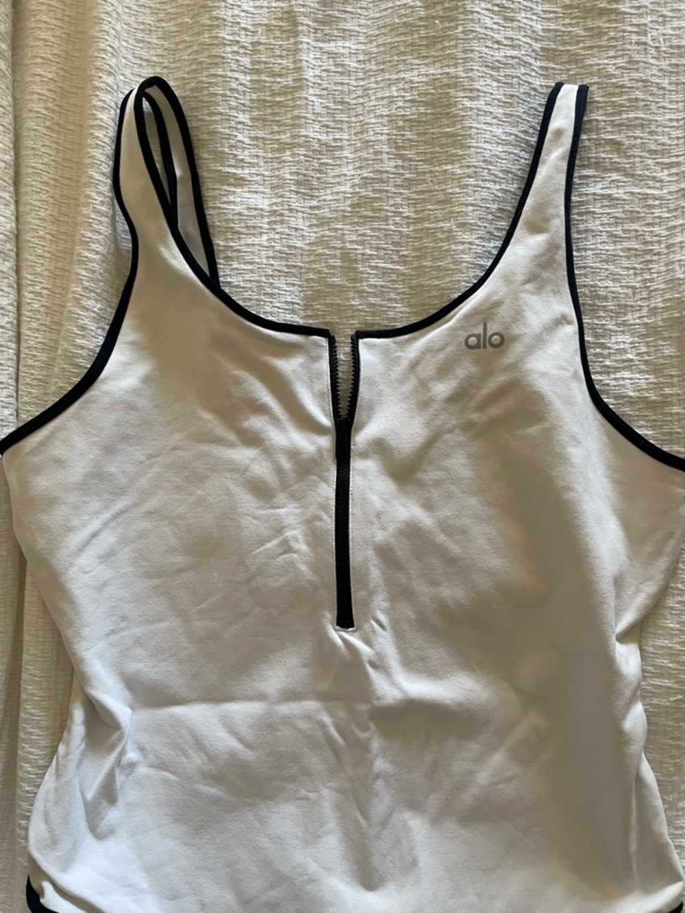ALO Yoga White Tank with Black Trim and Front Zip